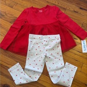 Carter's Red Tulle Peplum Top with Light Gray Heart Print Leggings
